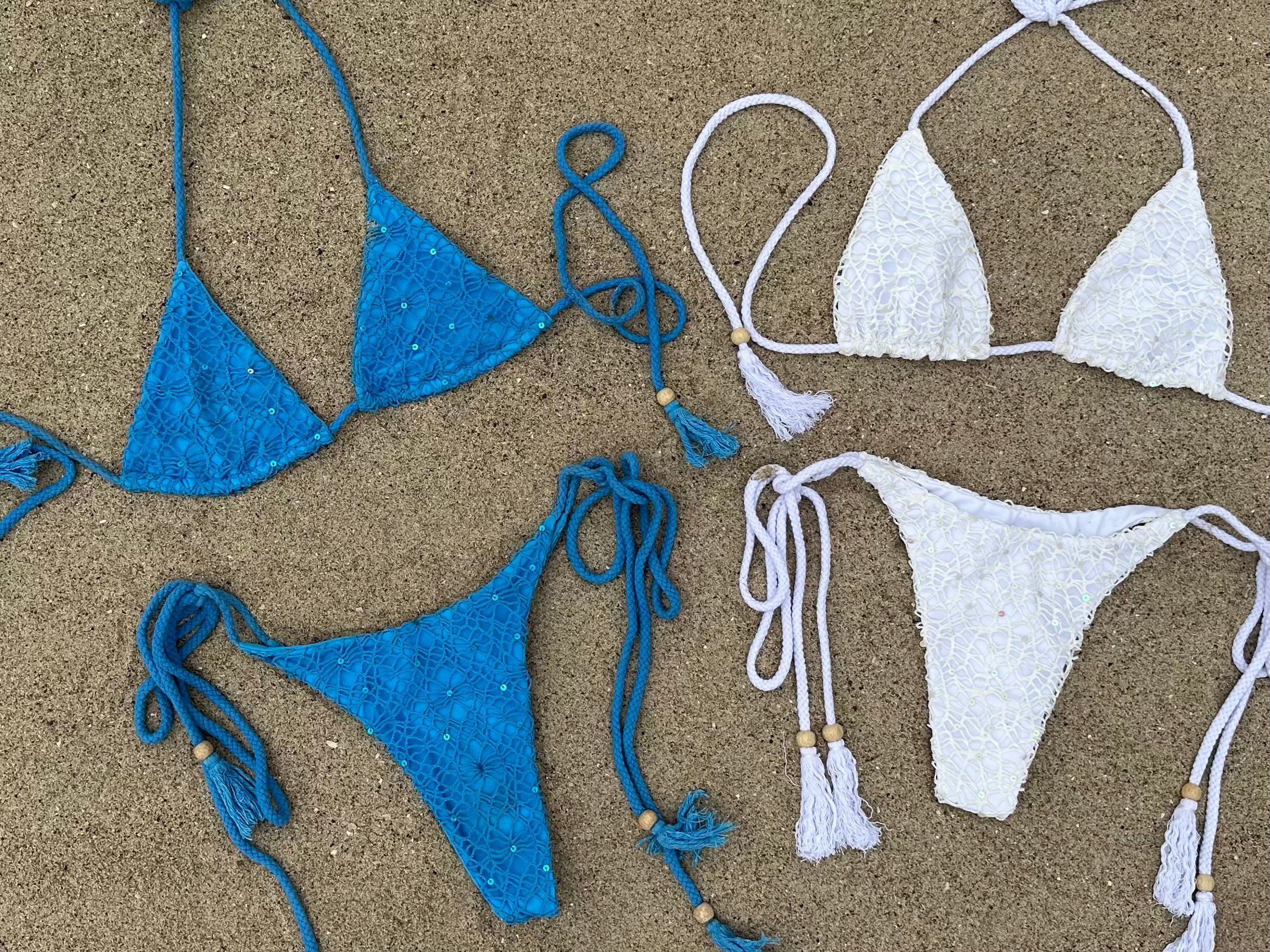 blue and white crochet swimsuits